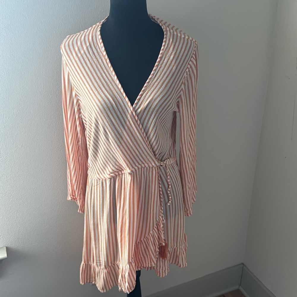 Blue Island orange white stripes‎ bell sleeves crossed top ruffle hem dress Sz M